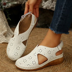 Casual Breathable Hollow Out Slip-On Roman Sandals with Magic Tape Fish Mouth Stitching PU Material Comfortable Heel