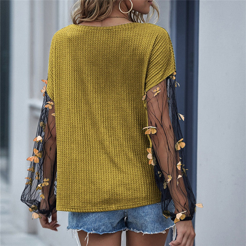 Casual Butterfly Mesh Long Sleeve Round Collar Knitwear