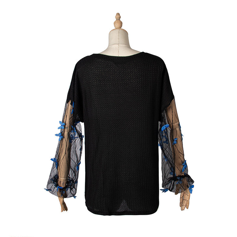 Casual Butterfly Mesh Long Sleeve Round Collar Knitwear
