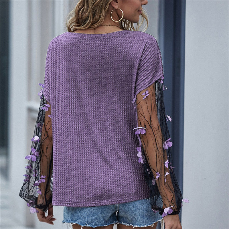 Casual Butterfly Mesh Long Sleeve Round Collar Knitwear
