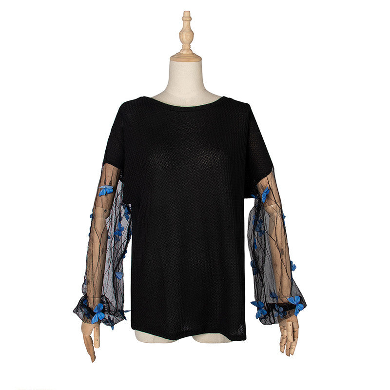 Casual Butterfly Mesh Long Sleeve Round Collar Knitwear