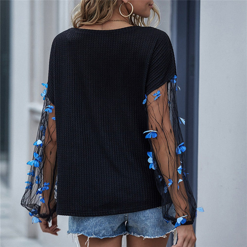 Casual Butterfly Mesh Long Sleeve Round Collar Knitwear