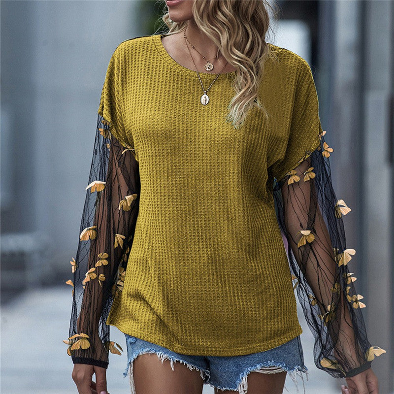 Casual Butterfly Mesh Long Sleeve Round Collar Knitwear