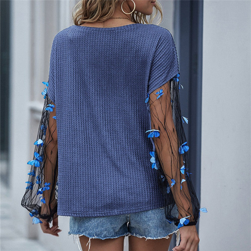 Casual Butterfly Mesh Long Sleeve Round Collar Knitwear