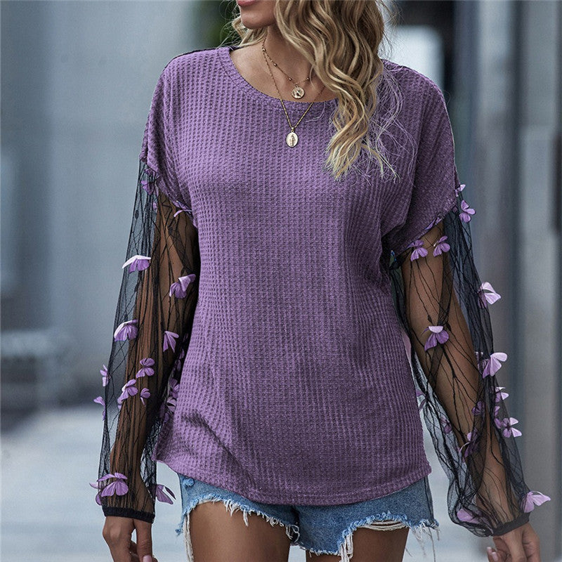 Casual Butterfly Mesh Long Sleeve Round Collar Knitwear