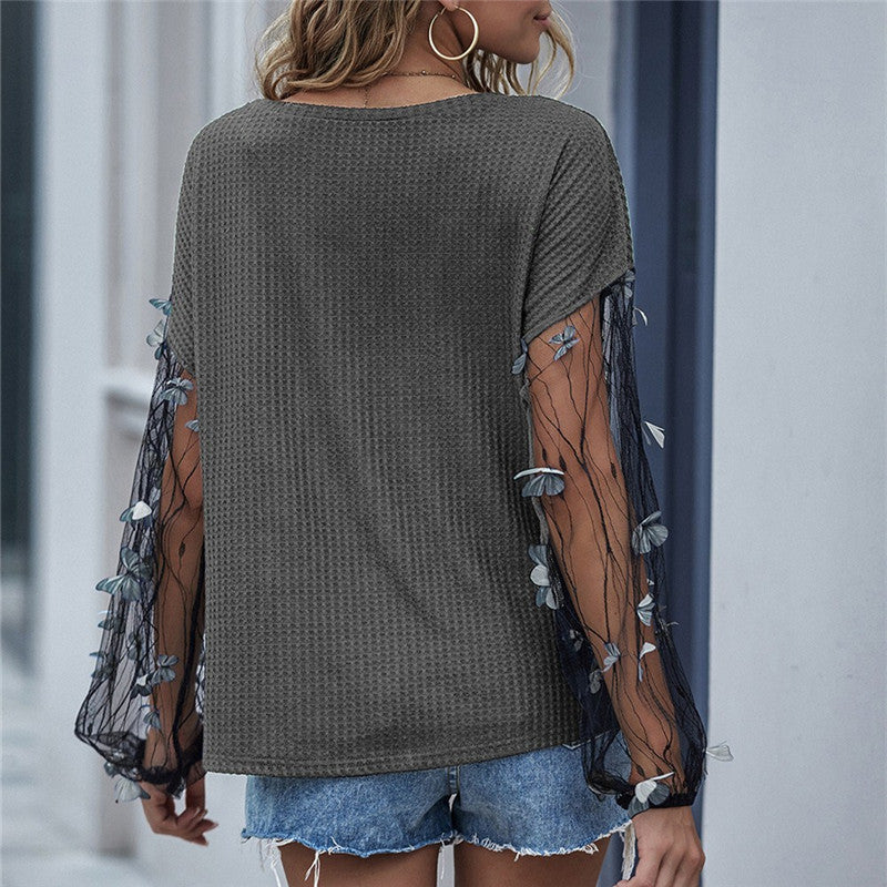 Casual Butterfly Mesh Long Sleeve Round Collar Knitwear