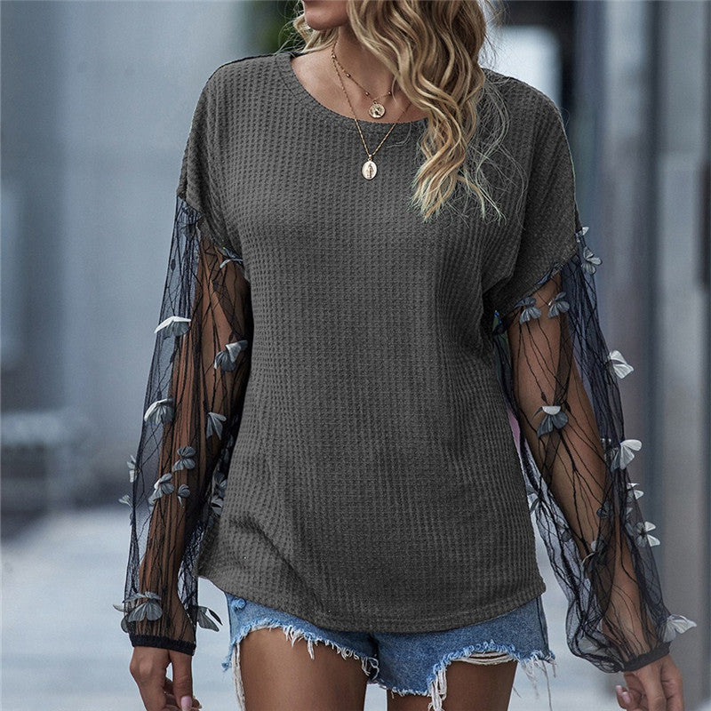 Casual Butterfly Mesh Long Sleeve Round Collar Knitwear