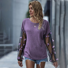 Casual Butterfly Mesh Long Sleeve Round Collar Knitwear