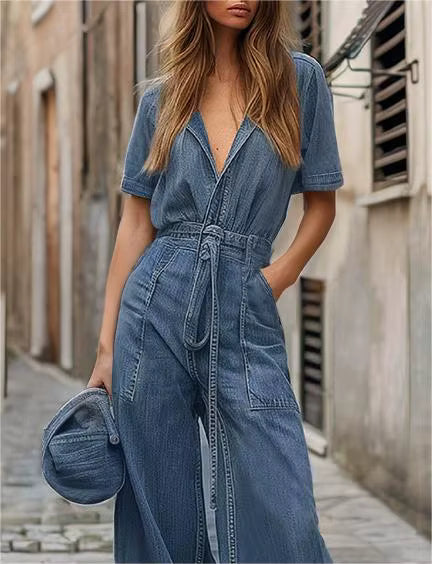 Casual Button Down Long Pants Rompers with Pockets Short Sleeve Denim Jumpsuit