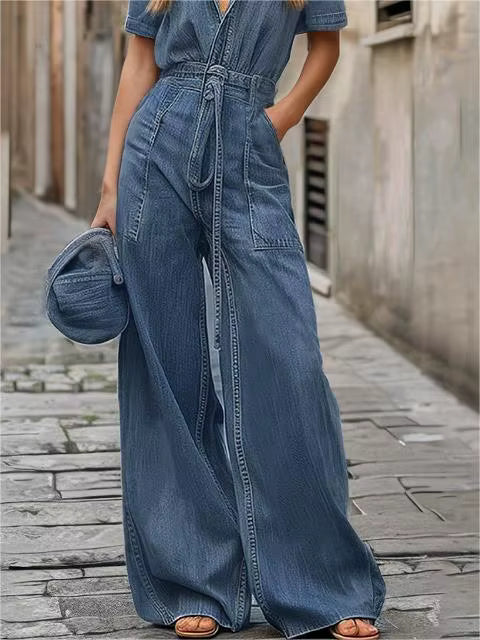 Casual Button Down Long Pants Rompers with Pockets Short Sleeve Denim Jumpsuit