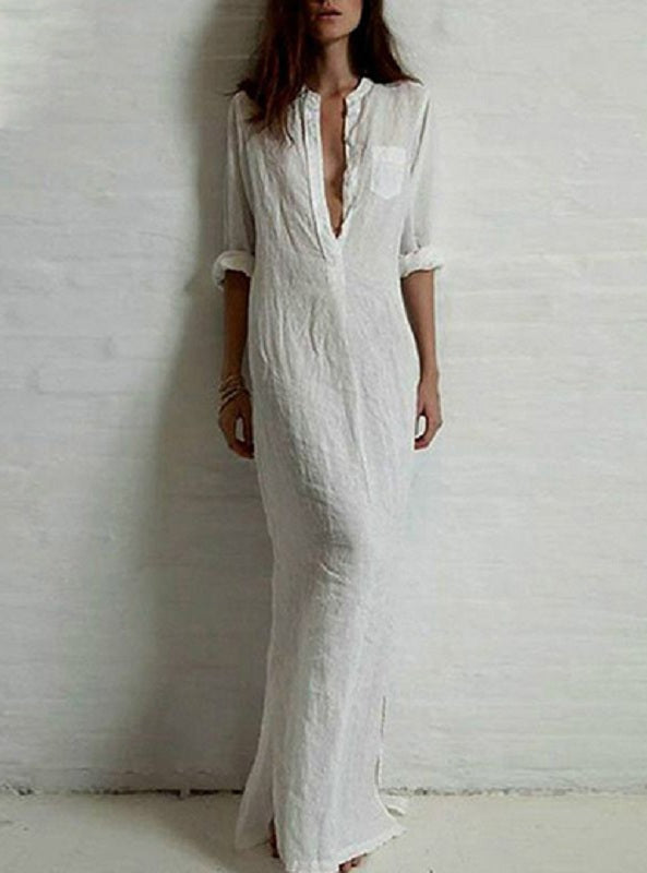 Casual Button Front Bodice Elbow Length Sleeve Pocket Front Maxi Dress