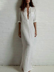 Casual Button Front Bodice Elbow Length Sleeve Pocket Front Maxi Dress
