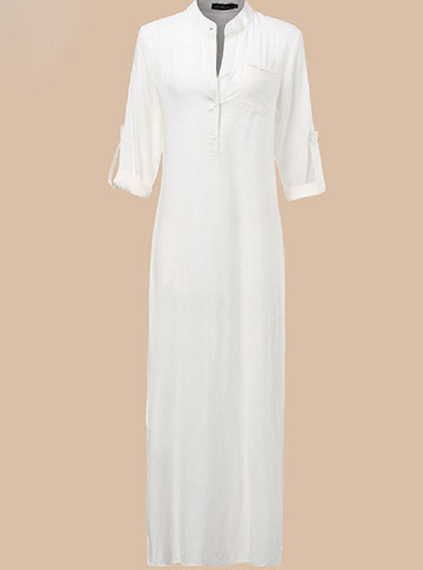 Casual Button Front Bodice Elbow Length Sleeve Pocket Front Maxi Dress