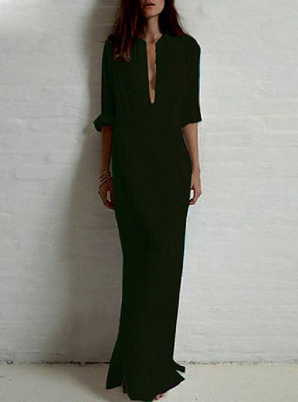 Casual Button Front Bodice Elbow Length Sleeve Pocket Front Maxi Dress