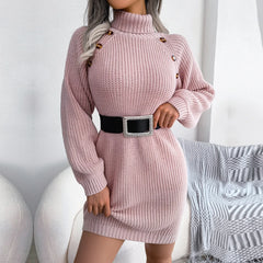 Casual Button High Neck Long Sleeve All Match Knitted Dresses
