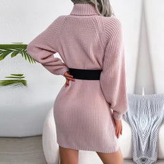 Casual Button High Neck Long Sleeve All Match Knitted Dresses