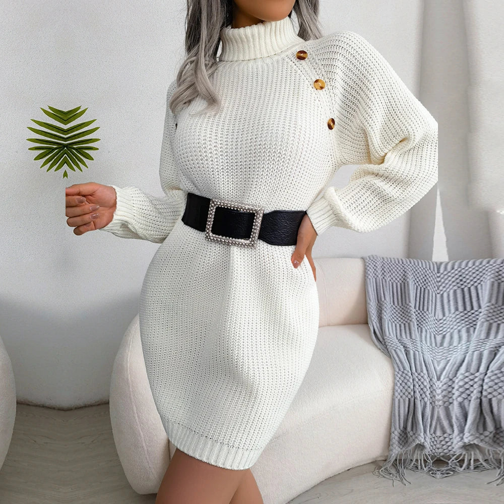 Casual Button High Neck Long Sleeve All Match Knitted Dresses