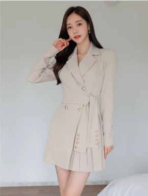 Casual Button Lace-Up Notched Double Breasted Professional A-LINE Blazer Dress