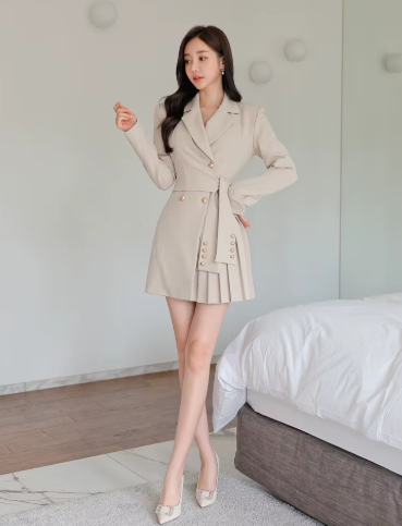 Casual Button Lace-Up Notched Double Breasted Professional A-LINE Blazer Dress