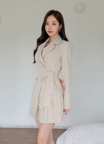 Casual Button Lace-Up Notched Double Breasted Professional A-LINE Blazer Dress