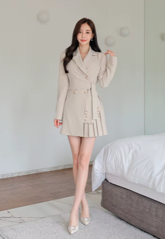 Casual Button Lace-Up Notched Double Breasted Professional A-LINE Blazer Dress