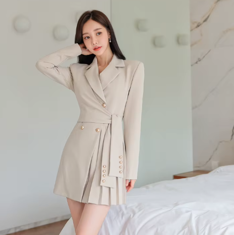 Casual Button Lace-Up Notched Double Breasted Professional A-LINE Blazer Dress