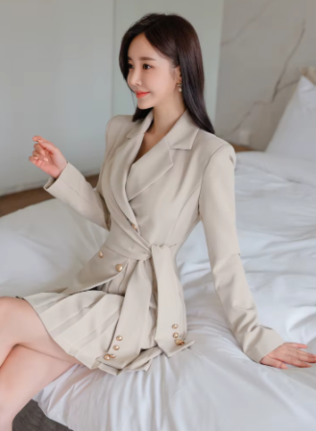 Casual Button Lace-Up Notched Double Breasted Professional A-LINE Blazer Dress