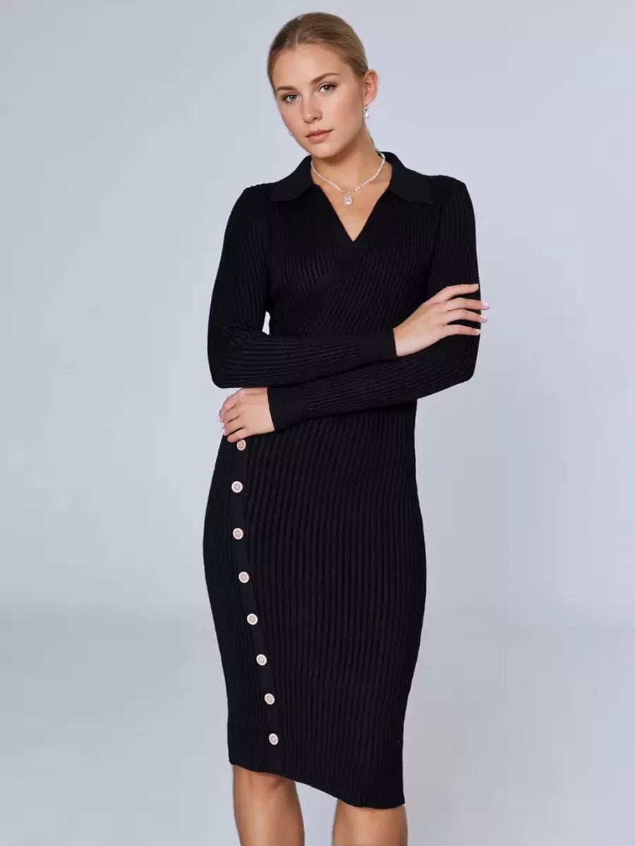 Casual Charming Buttons Polyester Long Sleeves V-Neck Knitted Dress