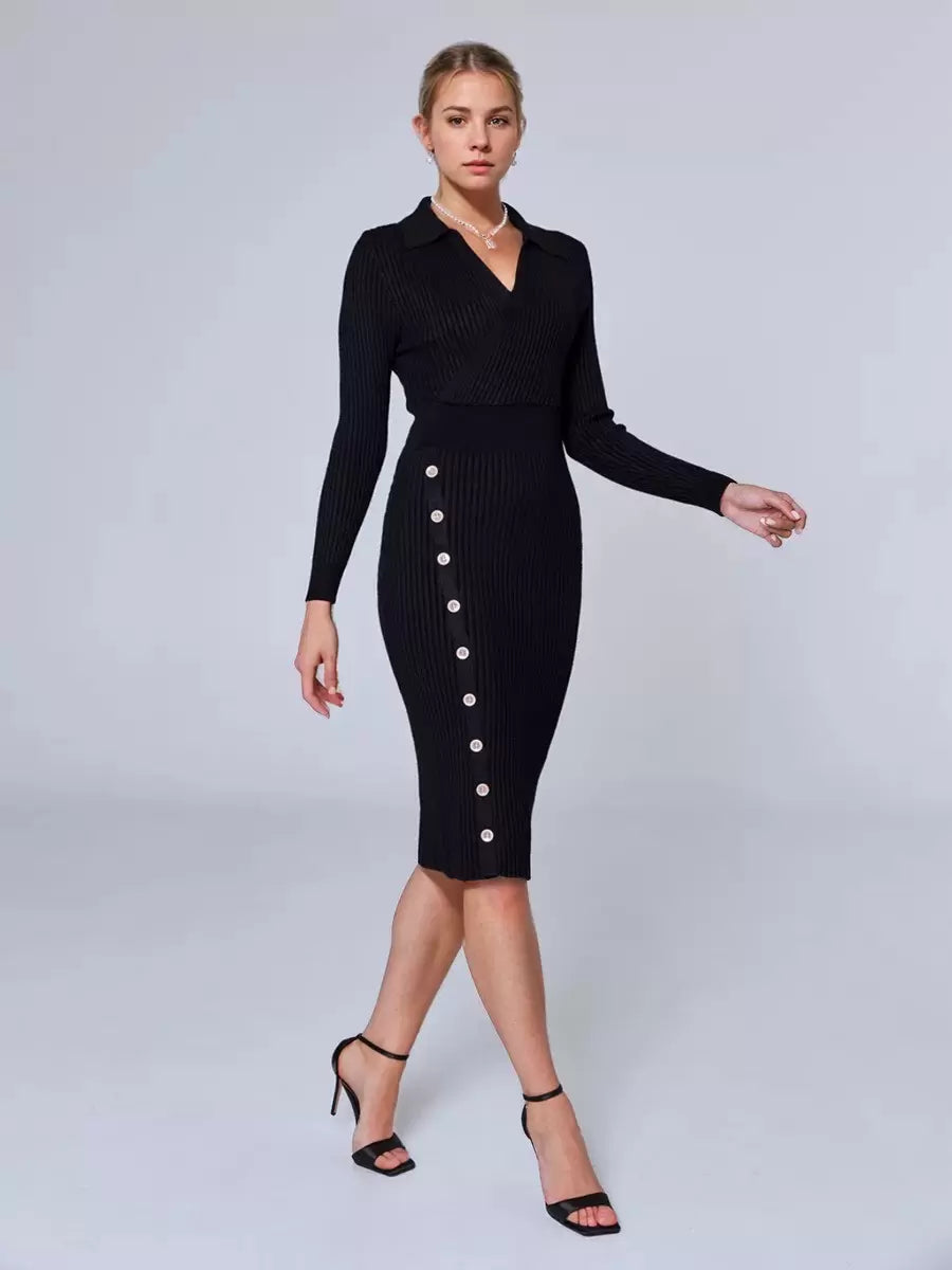 Casual Charming Buttons Polyester Long Sleeves V-Neck Knitted Dress