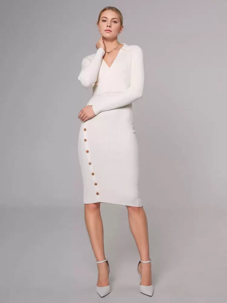 Casual Charming Buttons Polyester Long Sleeves V-Neck Knitted Dress