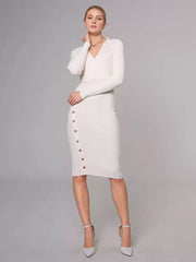 Casual Charming Buttons Polyester Long Sleeves V-Neck Knitted Dress