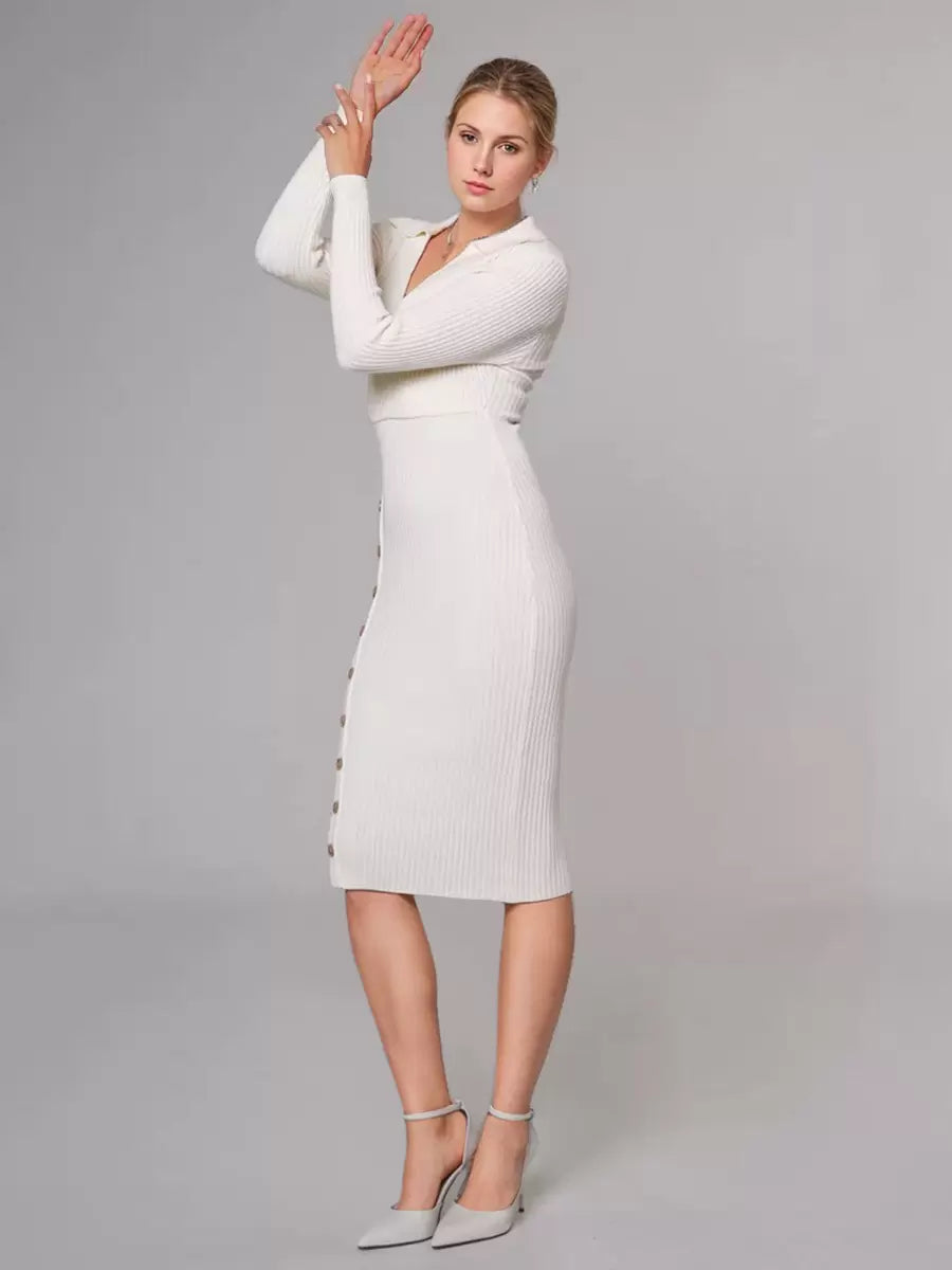 Casual Charming Buttons Polyester Long Sleeves V-Neck Knitted Dress