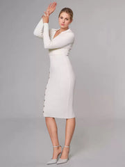 Casual Charming Buttons Polyester Long Sleeves V-Neck Knitted Dress