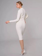 Casual Charming Buttons Polyester Long Sleeves V-Neck Knitted Dress