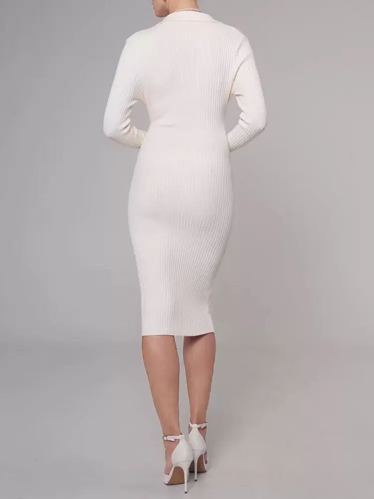 Casual Charming Buttons Polyester Long Sleeves V-Neck Knitted Dress