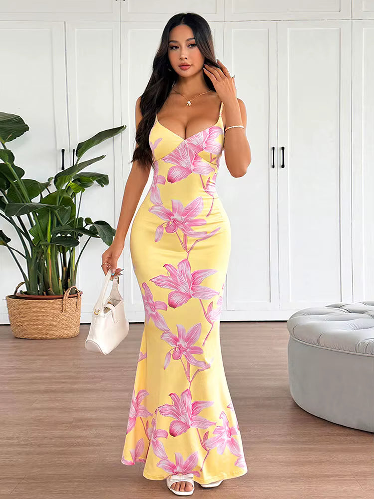 Casual Chest Wrapping Printed V-Neck Backless V-Neck Sling Maxi Dress