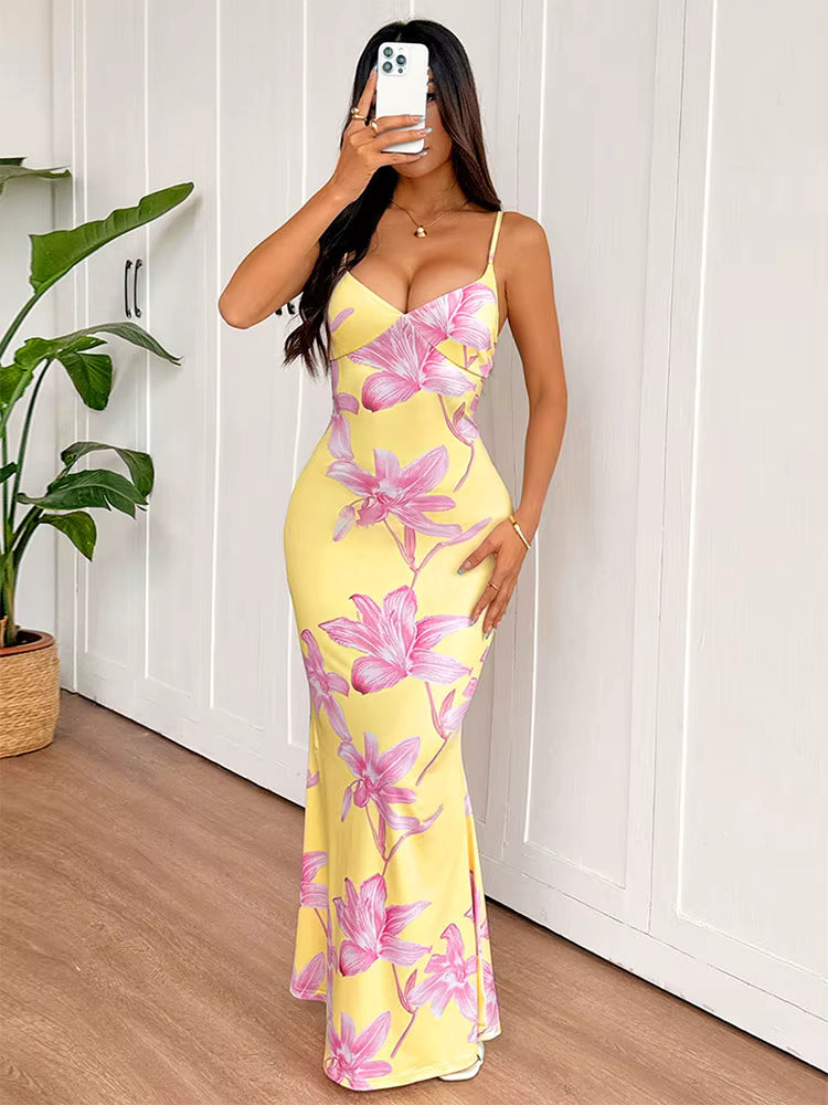 Casual Chest Wrapping Printed V-Neck Backless V-Neck Sling Maxi Dress