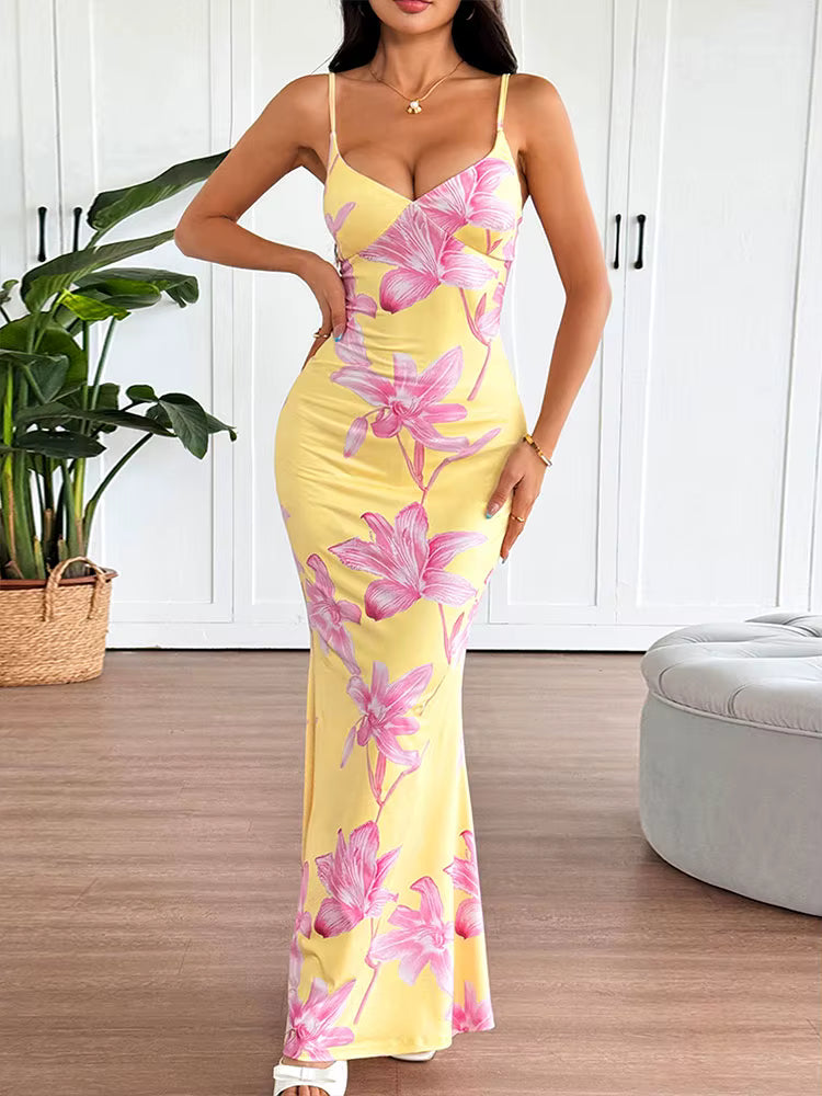 Casual Chest Wrapping Printed V-Neck Backless V-Neck Sling Maxi Dress