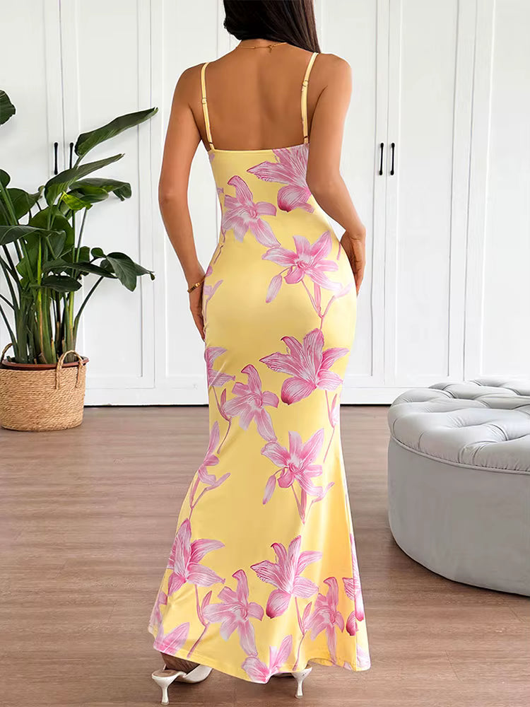 Casual Chest Wrapping Printed V-Neck Backless V-Neck Sling Maxi Dress