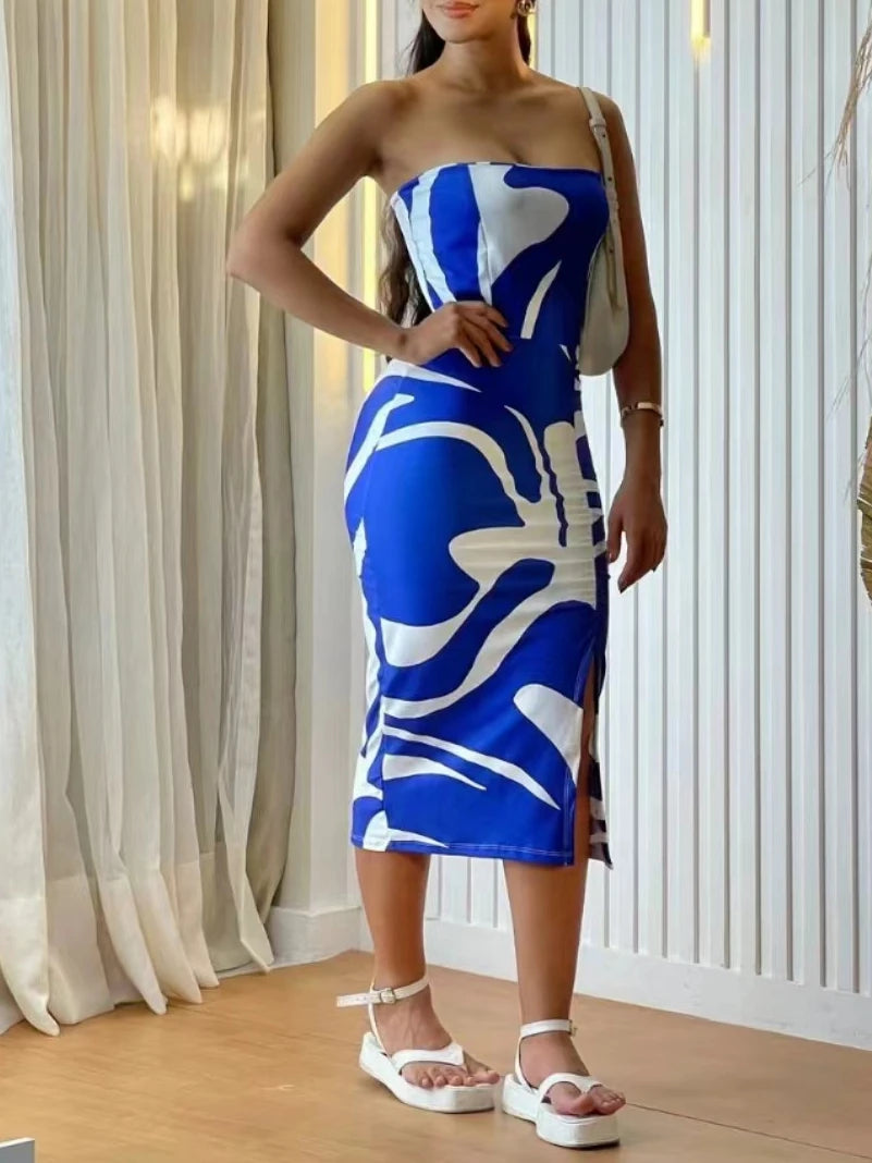 Casual Chest Wrapping Strapless Printed Bodycon Maxi Dress