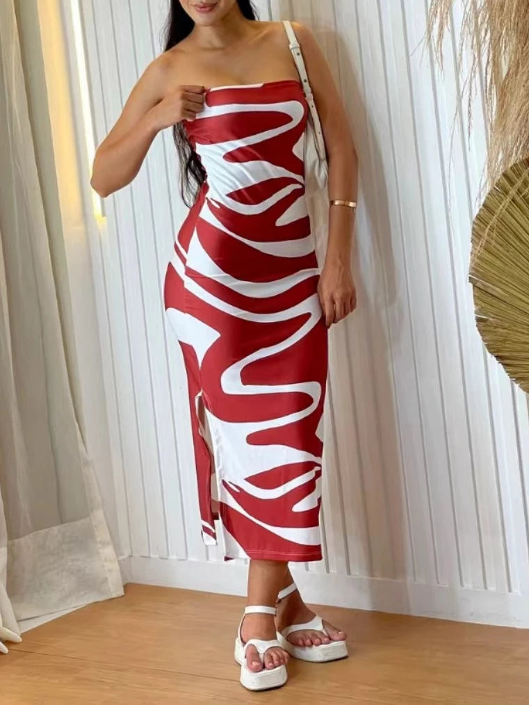 Casual Chest Wrapping Strapless Printed Bodycon Maxi Dress