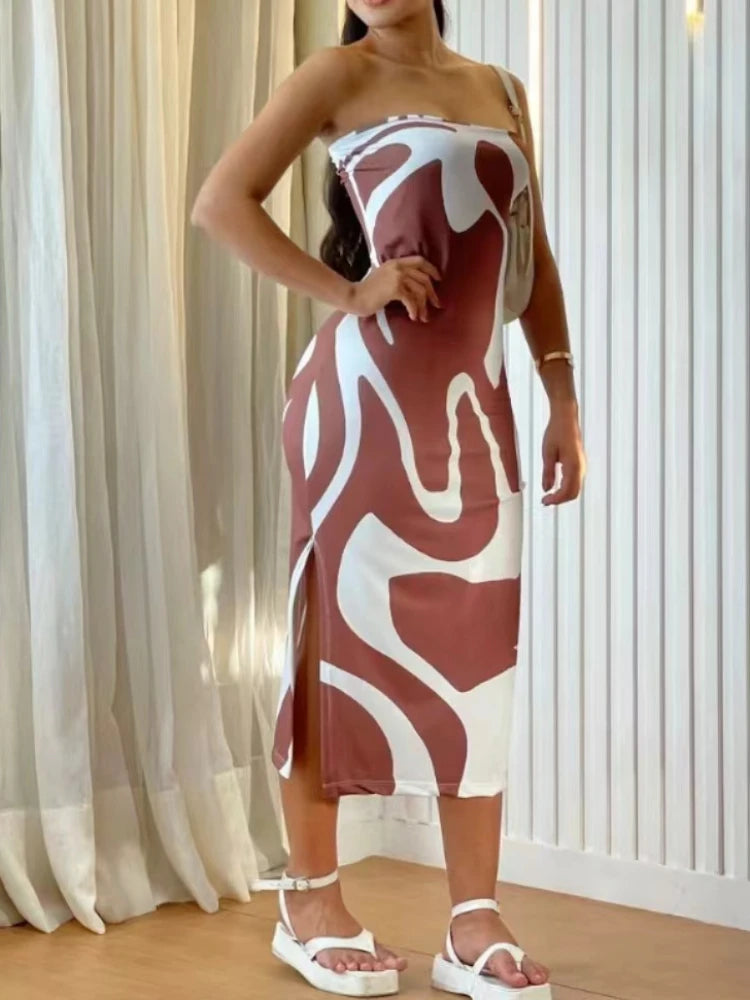Casual Chest Wrapping Strapless Printed Bodycon Maxi Dress