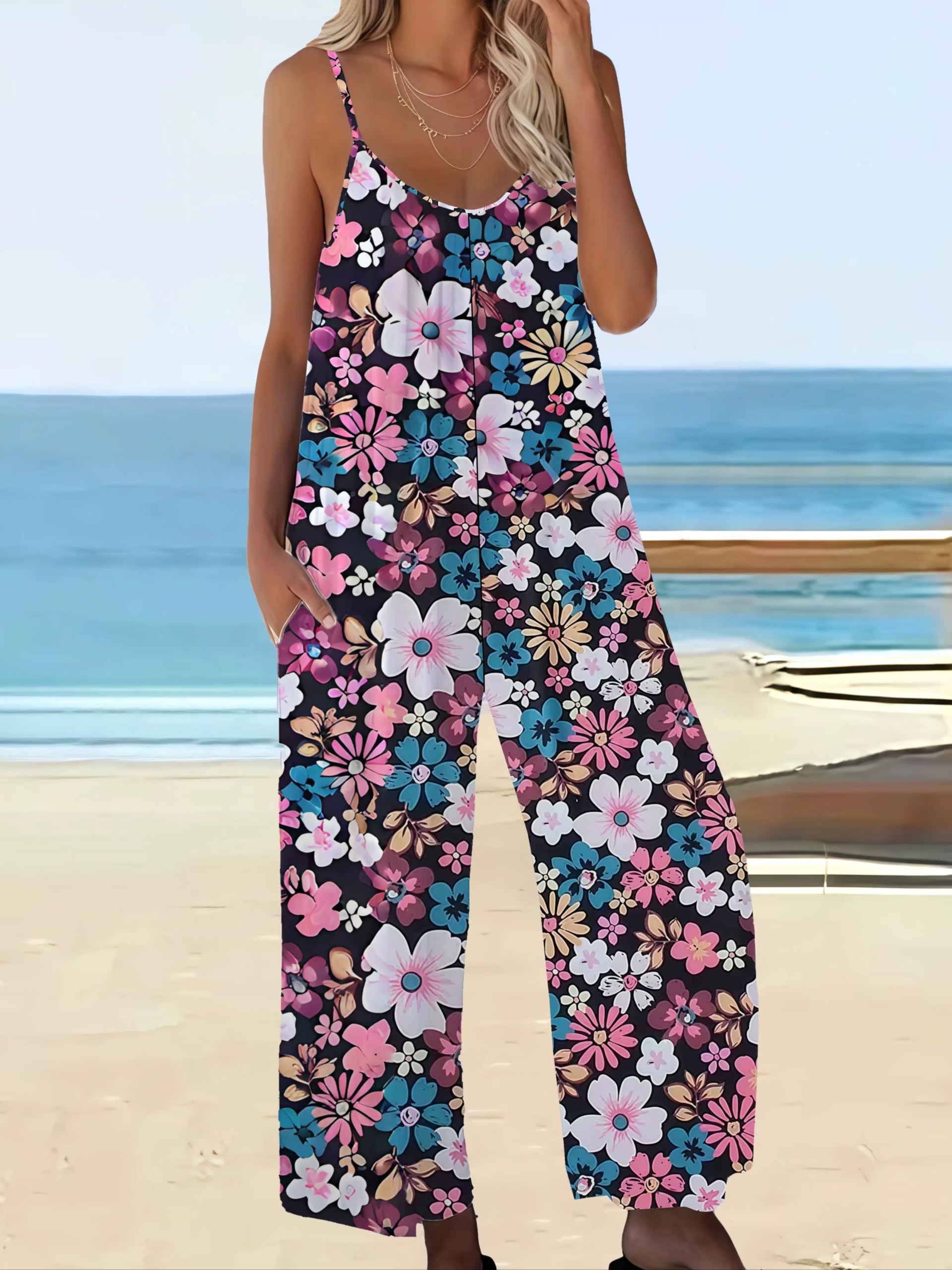 Casual Chic Bohemian Printed Plus Size Pocket Jumpsuit Rompers