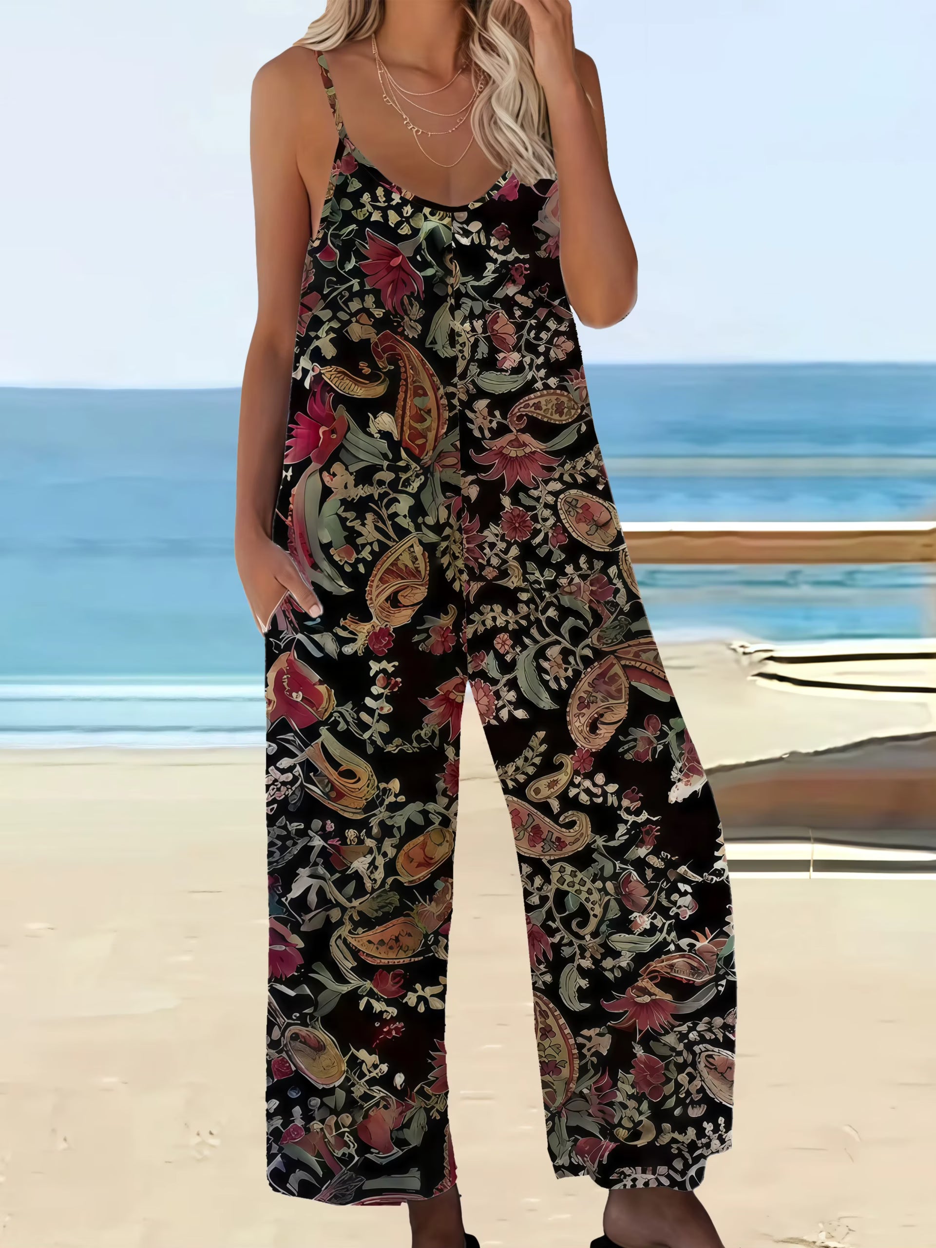 Casual Chic Bohemian Printed Plus Size Pocket Jumpsuit Rompers