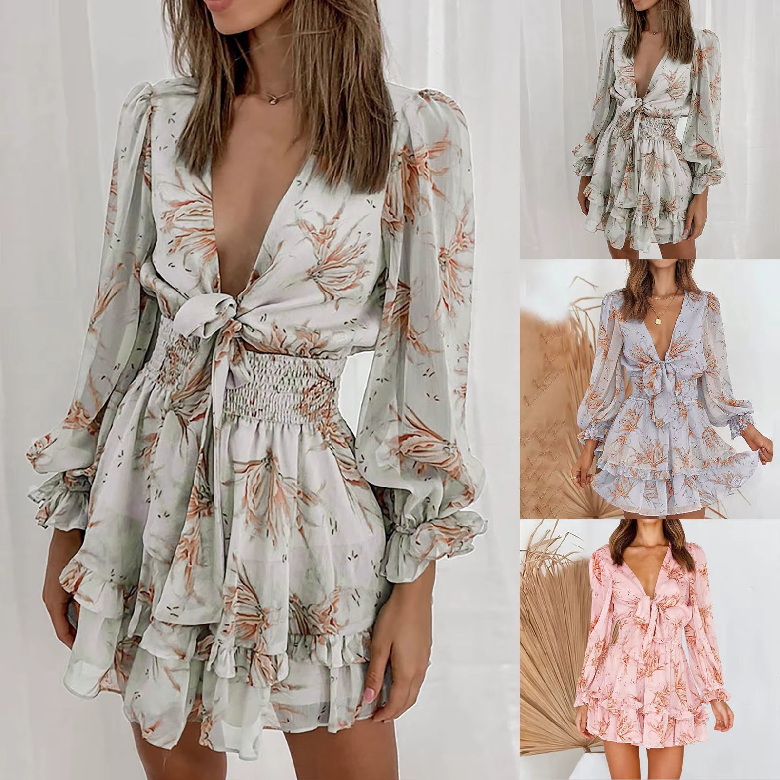 Casual Chiffon Flower Printed Long Sleeve Short Skirt Mini Dress