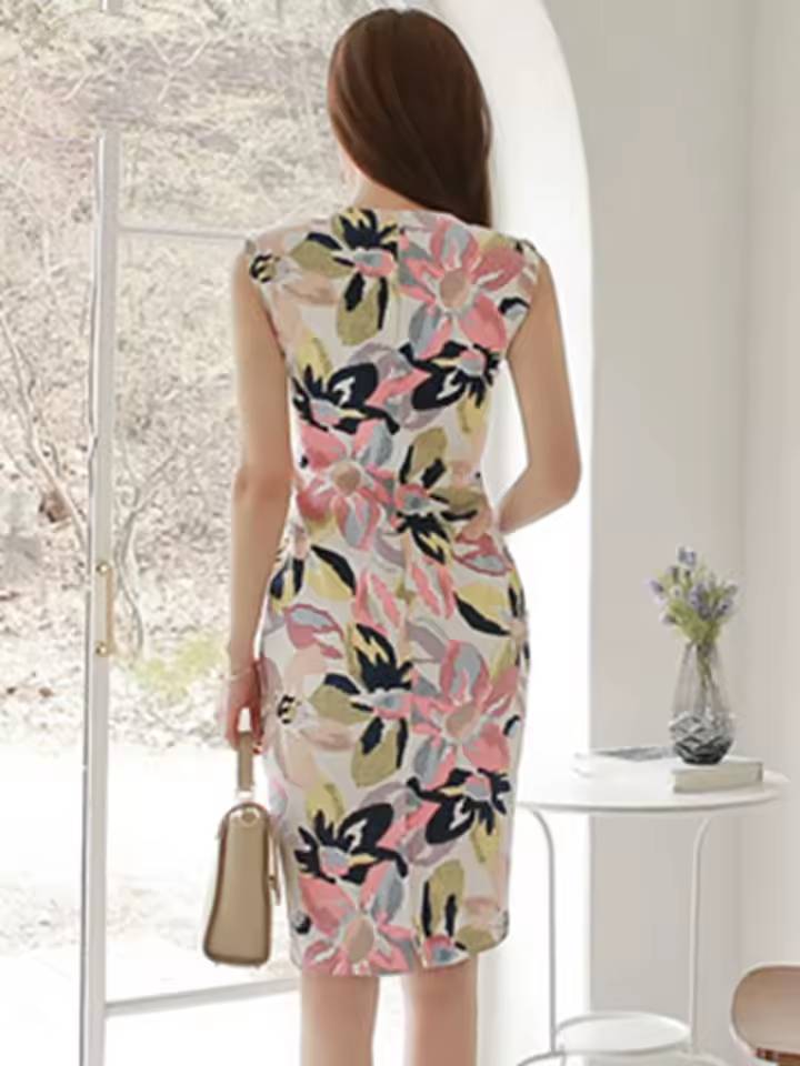 Casual Chiffon Retro Printed Sleeveless Sheath Bodycon Mini Dress