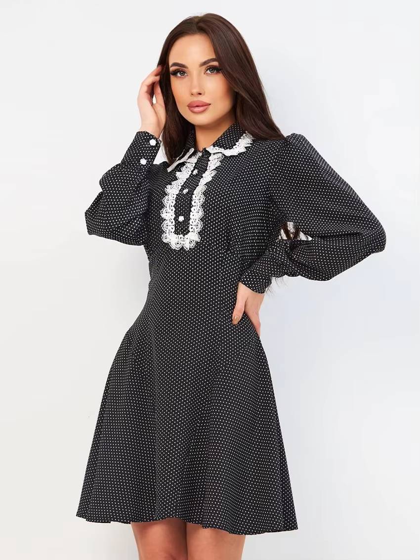 Casual Classic Lapel Long Sleeve Loose Print Mini Dress