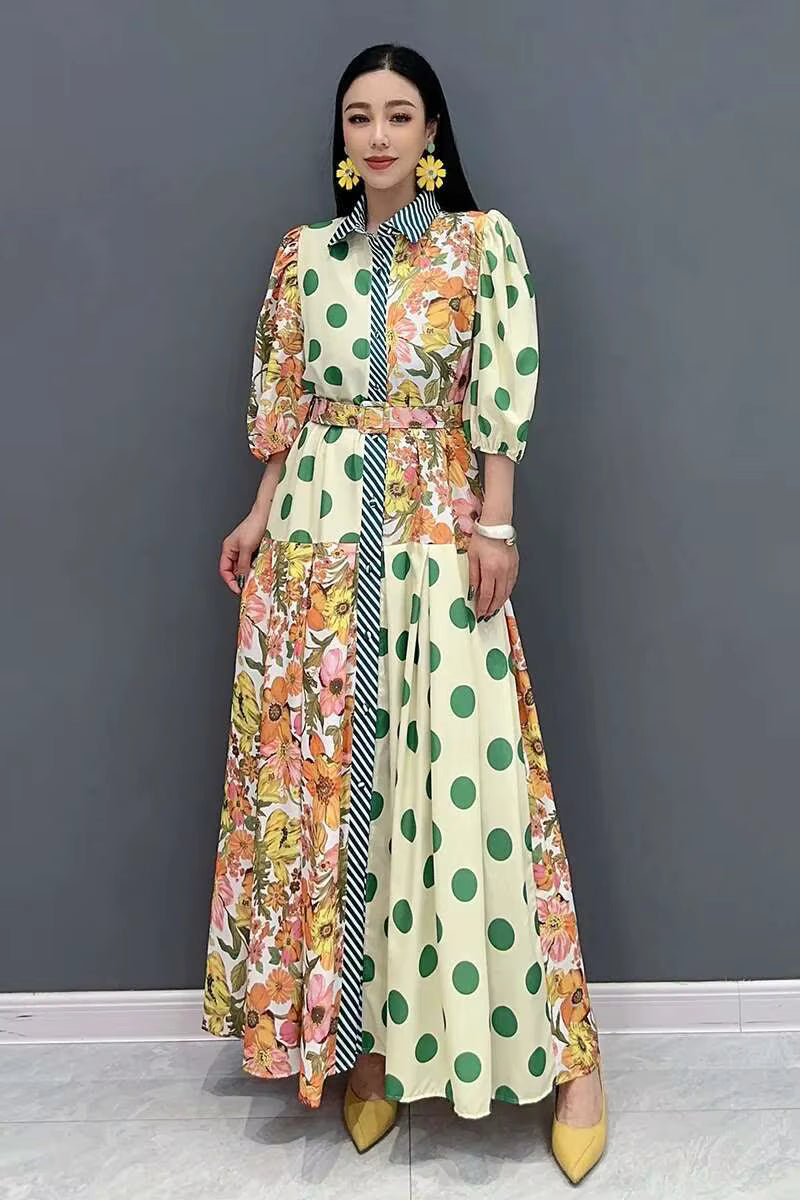 Casual Color Block Printing Lantern Sleeves Loose Maxi Dress