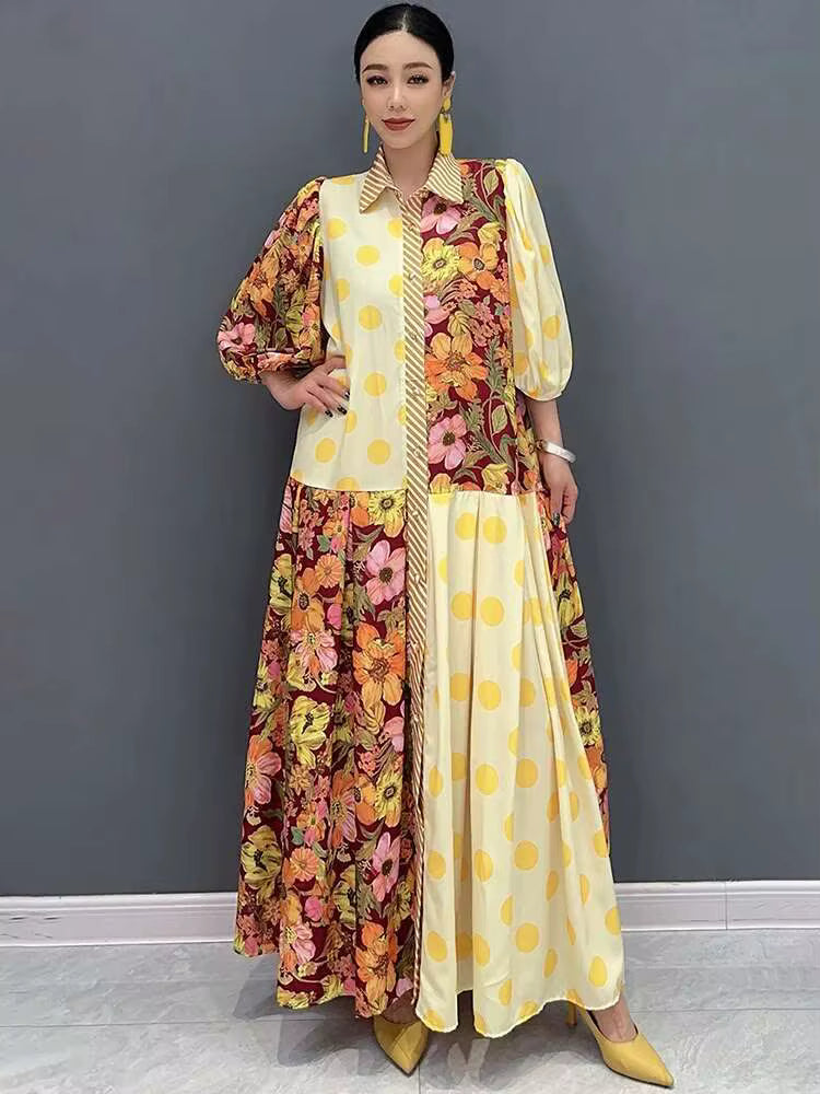 Casual Color Block Printing Lantern Sleeves Loose Maxi Dress