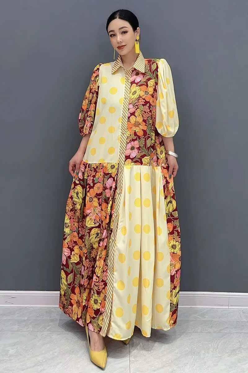 Casual Color Block Printing Lantern Sleeves Loose Maxi Dress